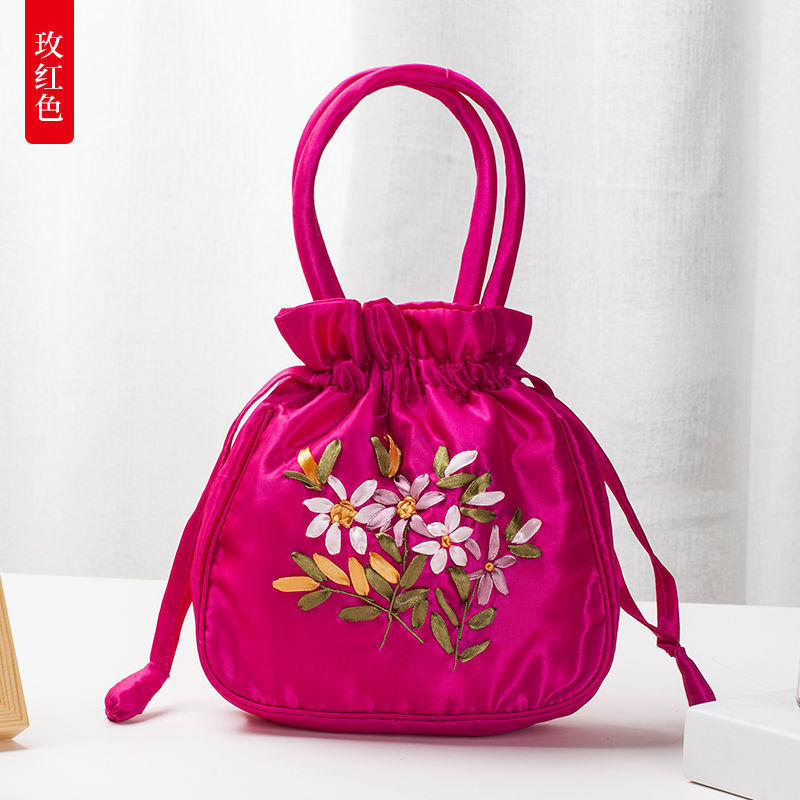 Handbag (Available) Handmade Floral Embroidery with Drawstring, Luxurious Women's Bag Made of 2-Layer Silk Fabric - 5