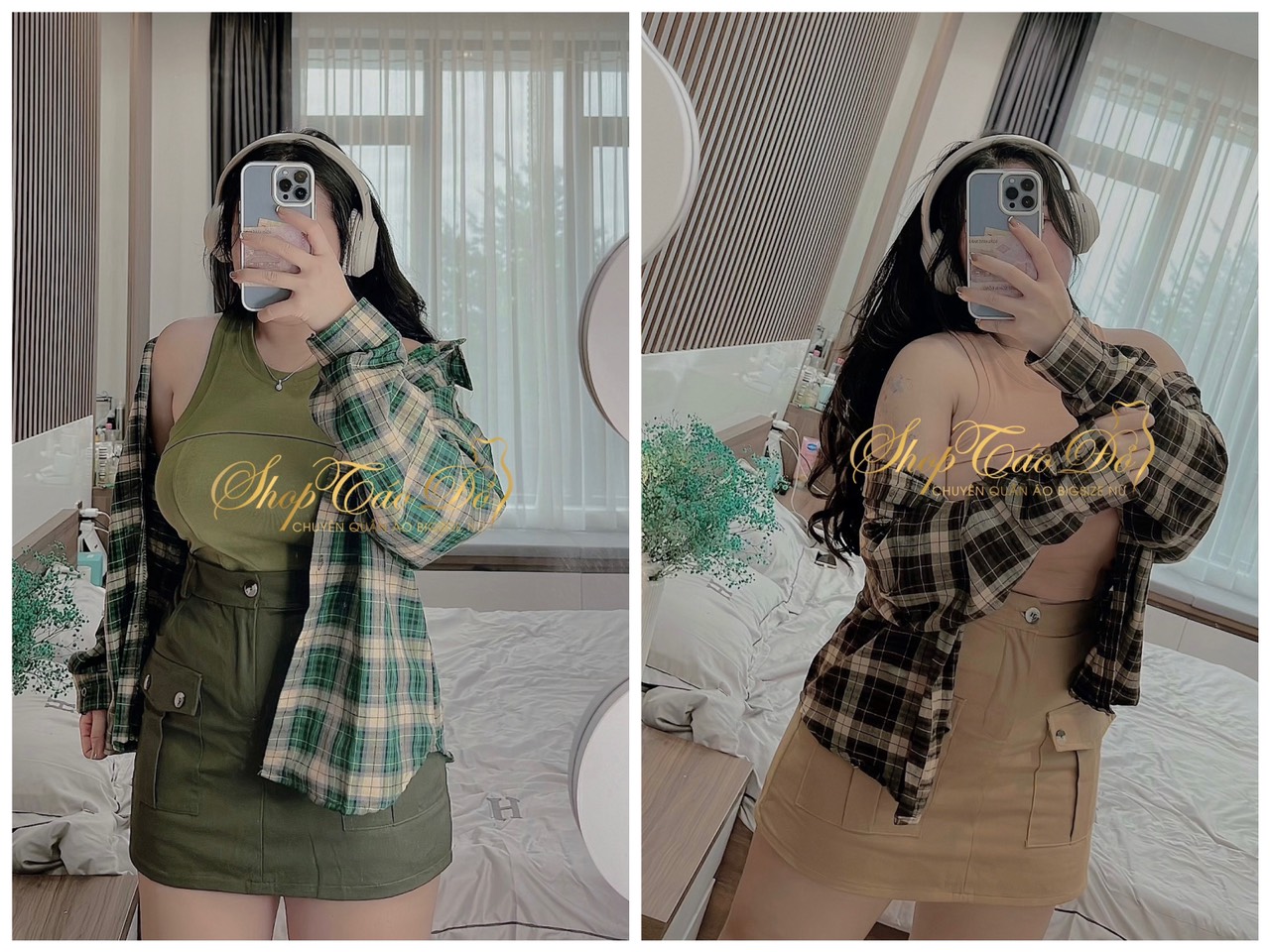 Set 3 món áo sơ mi caro khoác ngoài + áo 3 lỗ + chấn váy s128 🍎🍎🍎