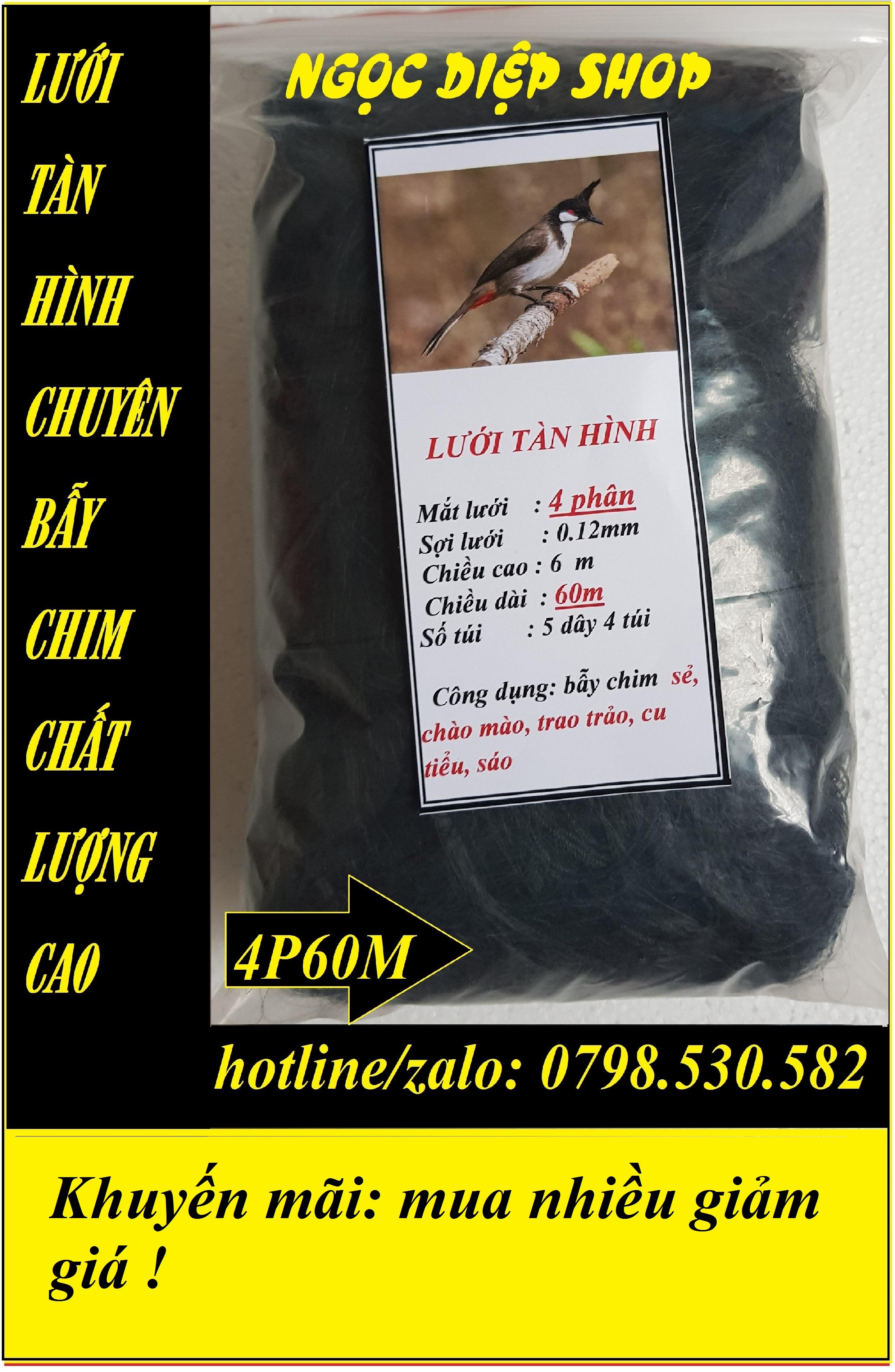 Lưới tàn hình 4 phân 60m bẫy chim sẻ, vẹt, chào mào, trao trảo, cu, sáo