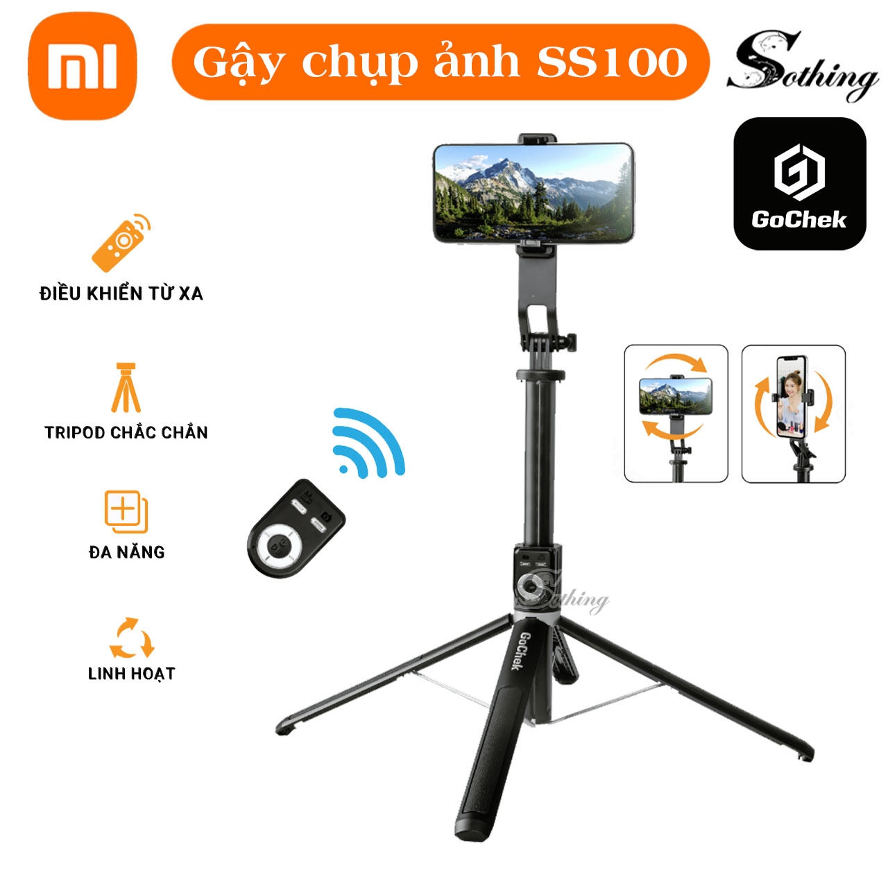 Tripod Điện Thoại Đa Năng Gochek SS100 Cao 2m2 - Gậy Chụp Ảnh 3 Chân Có Điều Khiển Gocheck Kết Nối B