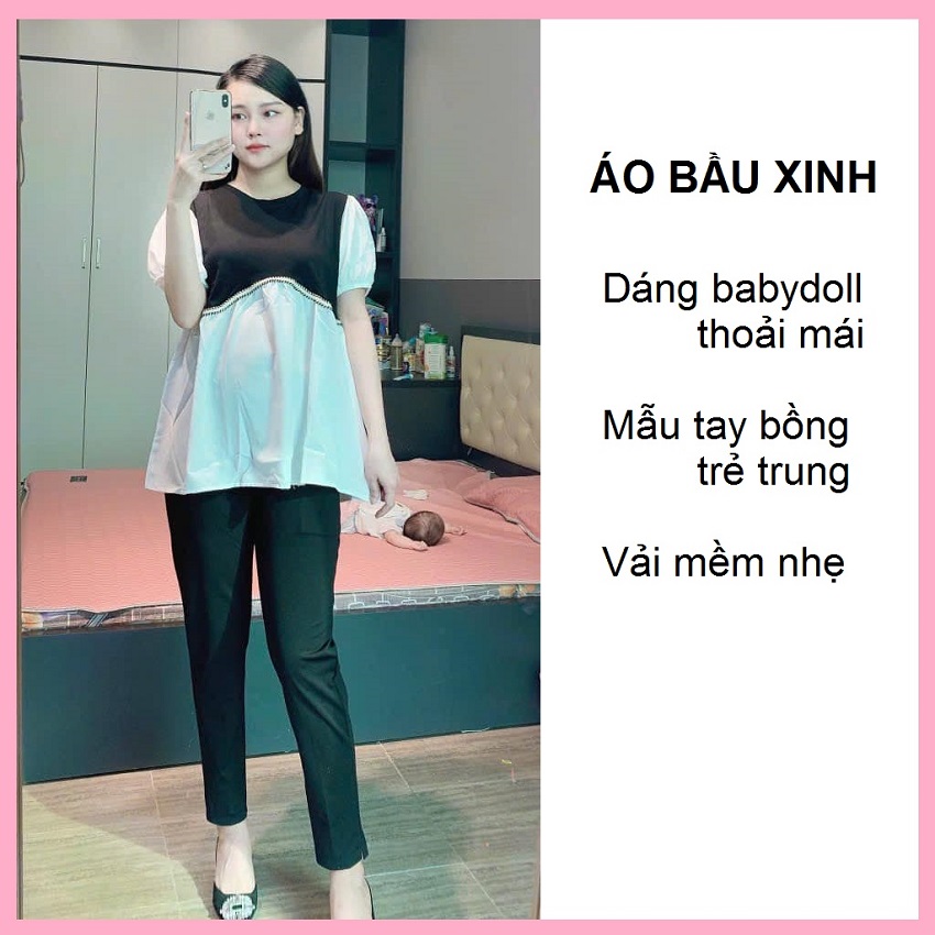 Áo bầu sơ mi thời trang, mẫu công sở mới đẹp nhẹ nhàng thanh lịch cho mẹ bầu