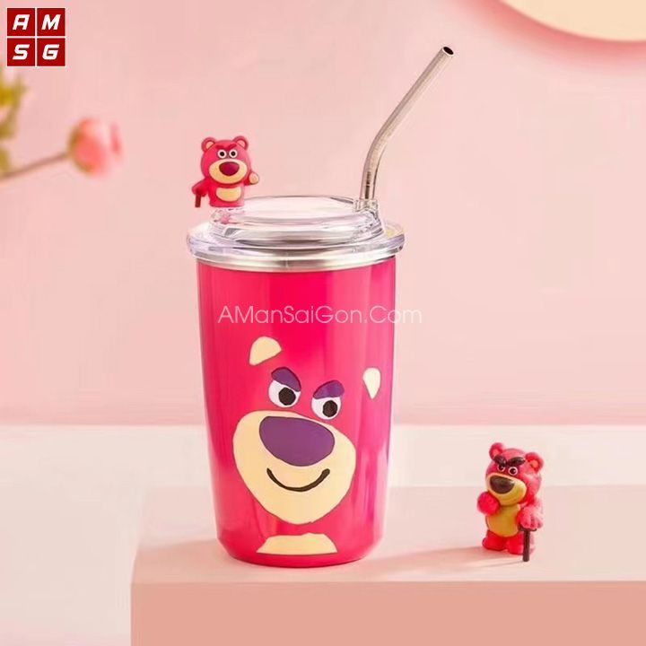 Ly giữ nhiệt gấu dâu losto hot trend - tặng kèm ống hút - dung tích 450ml - giữ nhiệt tốt 8-12h