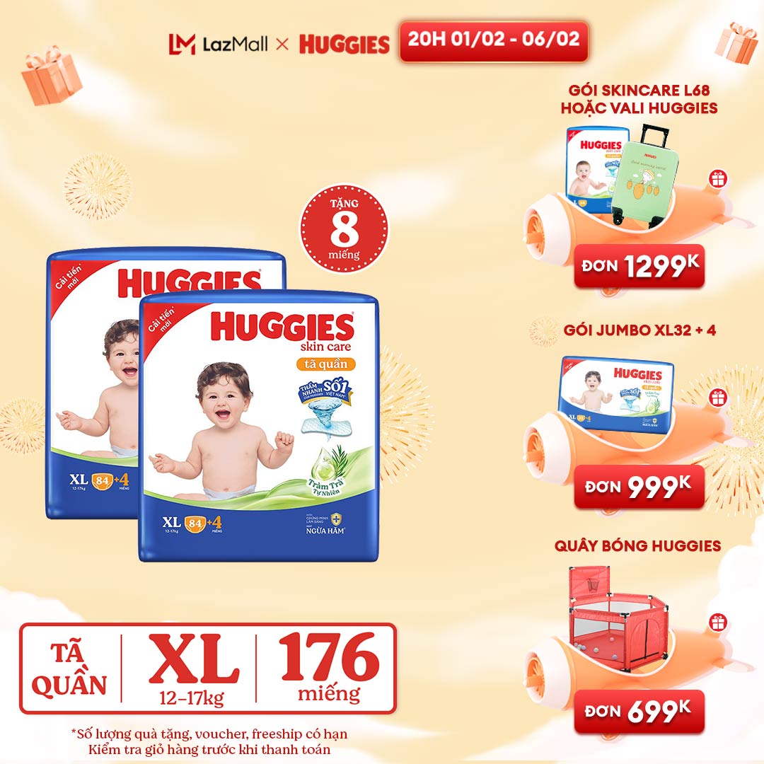 [CHỈ 20H 01-06.02 GIẢM THÊM 90K] Combo 2 Gói Tã/bỉm quần HUGGIES SKINCARE MEGA JUMBO size XL84+4 miếng