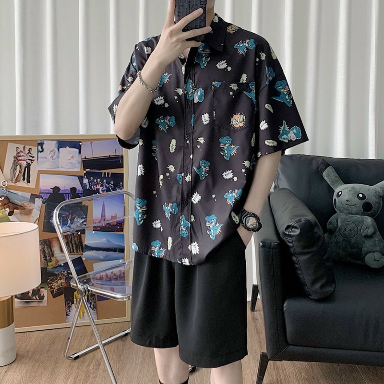 Áo sơ mi in hình khủng long siêu dễ thương form rộng chất vải mềm mịn thoáng mát