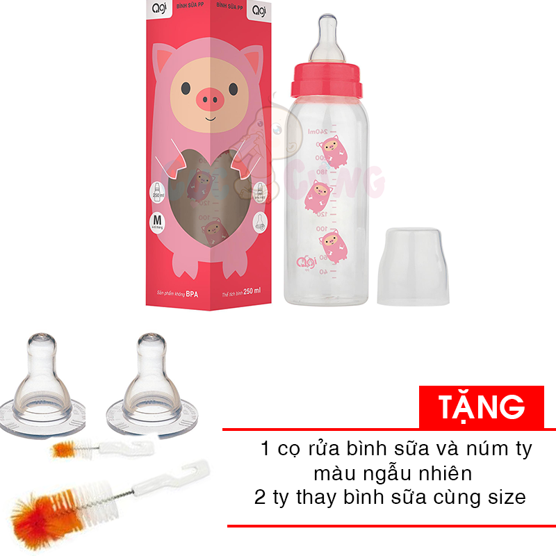 Combo Bình sữa AGI Premium cổ thường 250ml + 1 cọ rửa binh sua và núm ty tặng 2 ty bình sữa cùng size