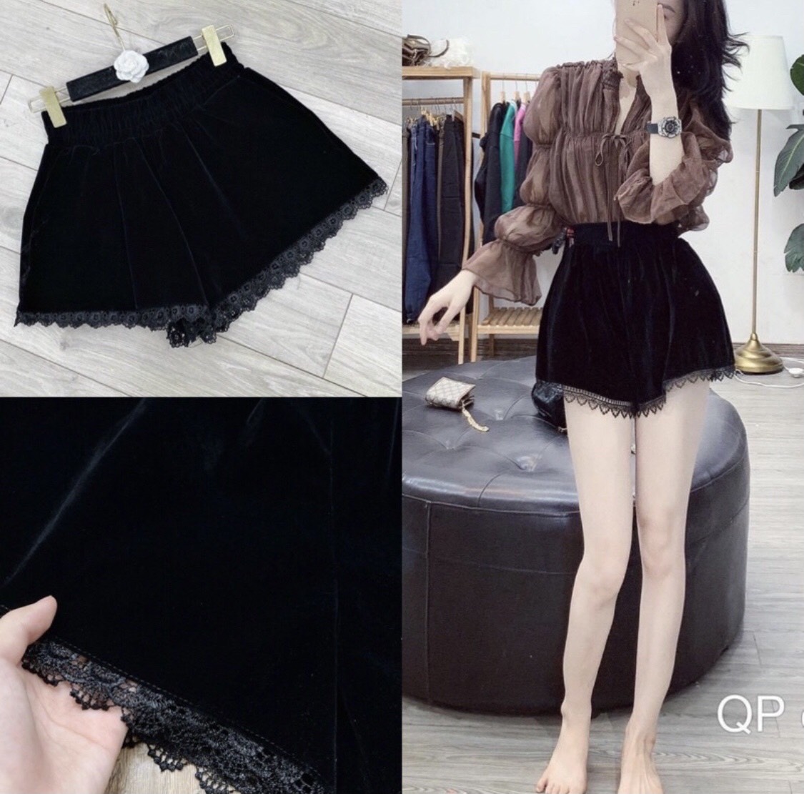 Quần short nhung vải mịn phối viền ren ht_008