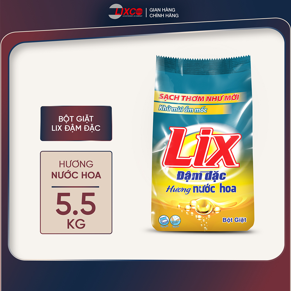Bột giặt Lix đậm đặc hương nước hoa thơm mát 5,5 Kg PD575 giúp loại bỏ ẩm mốc làm sạch mọi vết bẩn cứng đầu giữ quần áo - Lixco Việt Nam