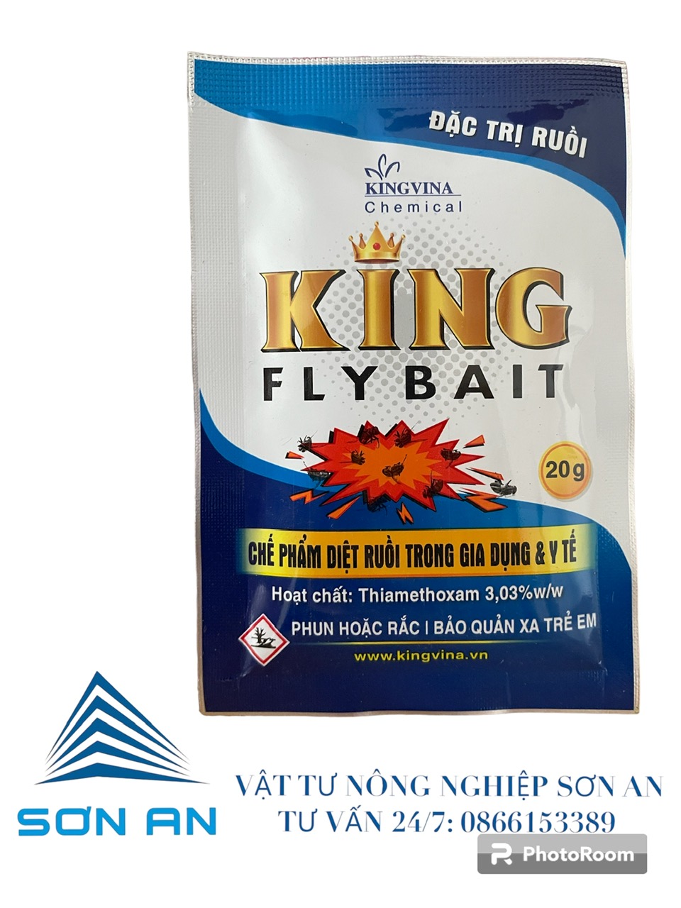 Chế phẩm diệt ruồi King Fly Bait ; Thuốc diệt ruồi sử dụng trong gia dụng và y tế; dùng phun hoặc rắc để diệt ruồi.