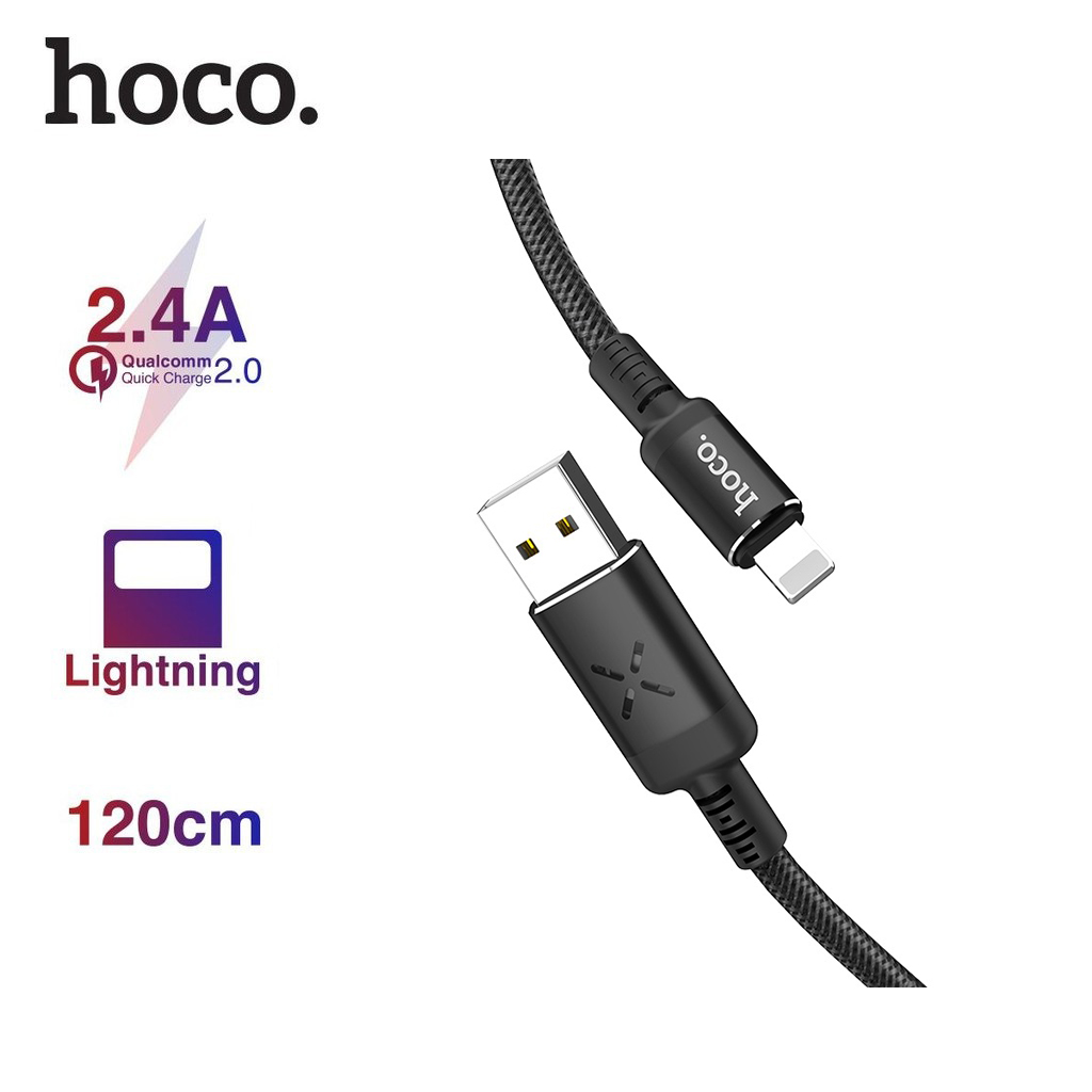 Cáp sạc nhanh 2.4A Hoco U63 chân Lightning dây bọc dù đèn phát sáng dài 1.2M cho iPhone/iPad