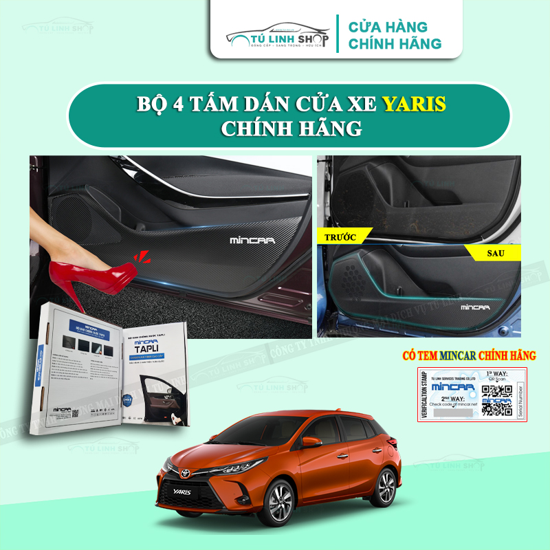 Bộ 4 Tấm dán Tapli xe YARIS chính hãng MINCAR, chống xước tapi cửa ô tô bằng Carbon Air Fiber cao cấp