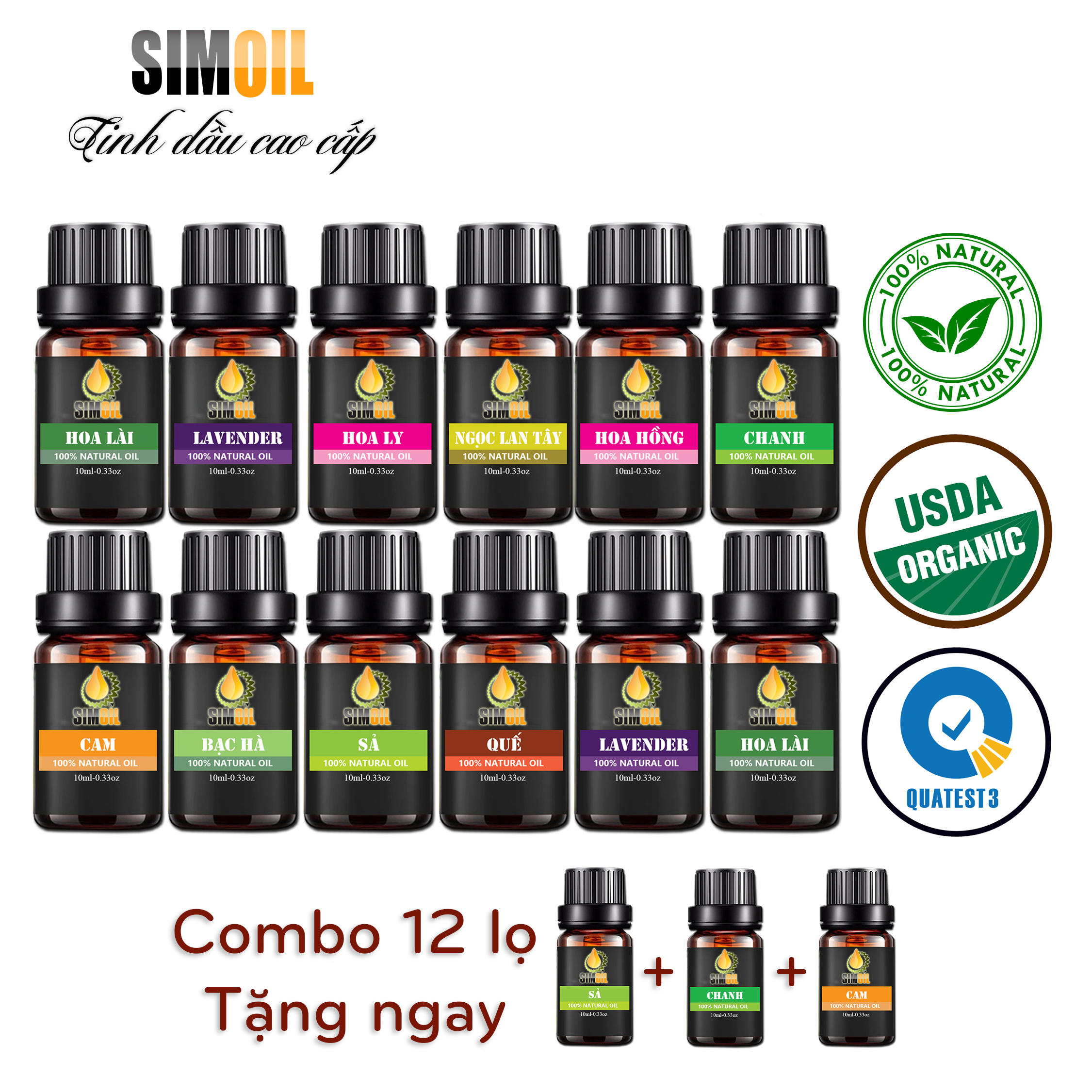 [Mua 12 tặng 3] Combo 12 lọ 10ml Tinh dầu thơm phòng cao cấp: tinh dầu Sả, Chanh, Lavender, Lài, Cam, Hoa Hồng, Quế, Bạc Hà, Ngọc Lan Tây, Hoa Ly cao cấp, dùng cho máy xông tinh dầu, máy tạo ẩm, máy phun sương, đuổi muỗi, khử mùi