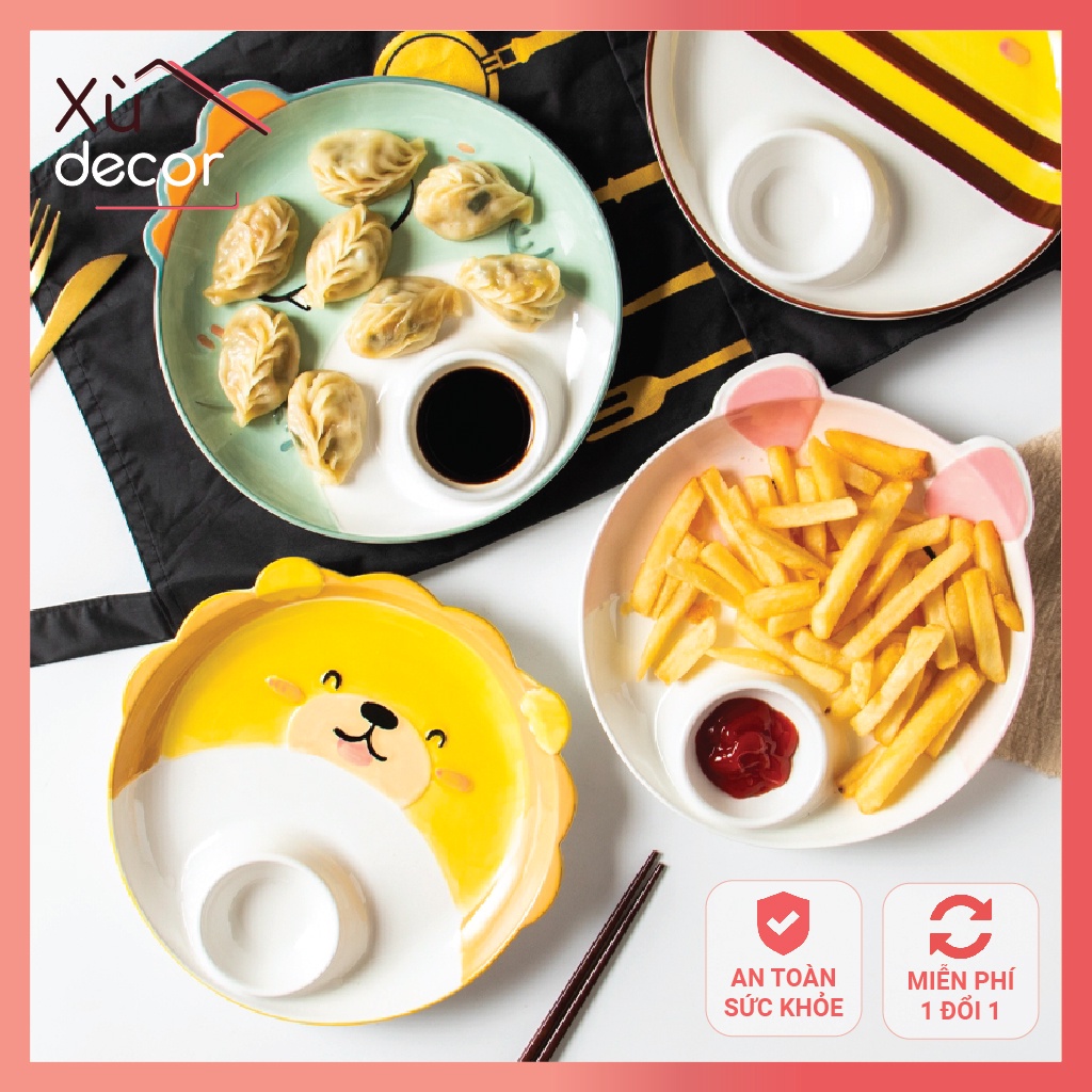 Đĩa sứ, đĩa ngăn chấm hình thú xinh xắn dễ thương, đồ dùng cho bé, dùng được trong lò vi sóng