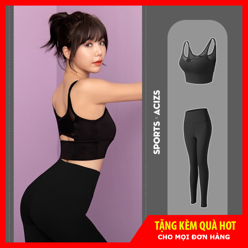 Set tập gym nữ - bộ đồ tập gym yoga nữ áo bra phối lưới quần dài
