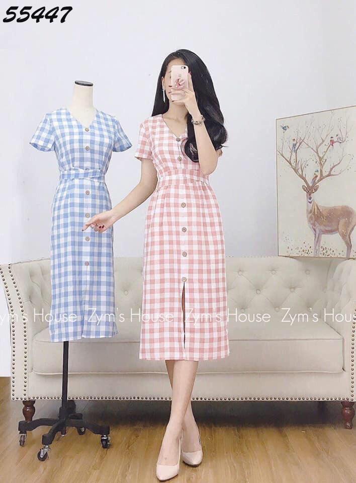 Đầm sọc caro nữ chiết eo xinh xắn
