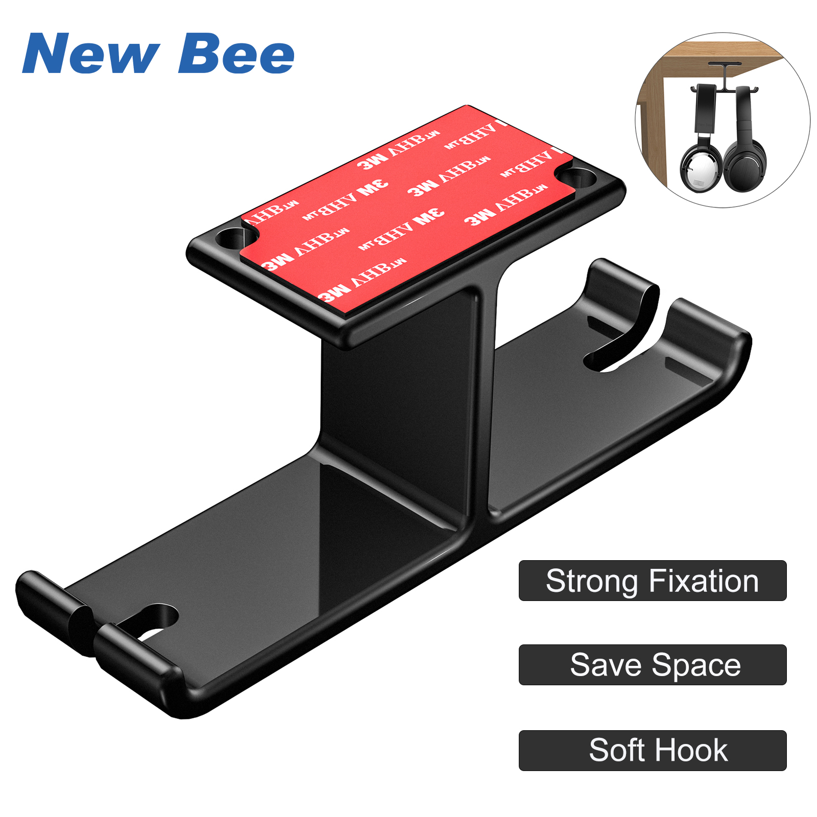 New Bee Giá treo tai nghe kép Giá treo tai nghe dưới bàn Giá treo tai nghe bằng nhôm với bộ tổ chức cáp cho tất cả tai nghe Dual Headphone Hanger Headset Stand