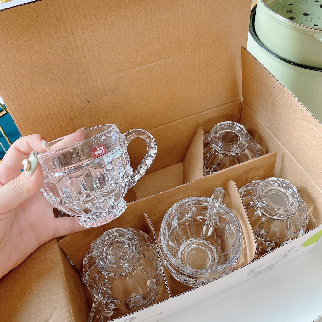 Bộ 6 ly thủy tinh có quai 180 ml - set 6 ly uống nước, cafe có quai - bộ 6 cái ly thủy tinh có quai cầm, ly cốc cà phê cafe cao cấp