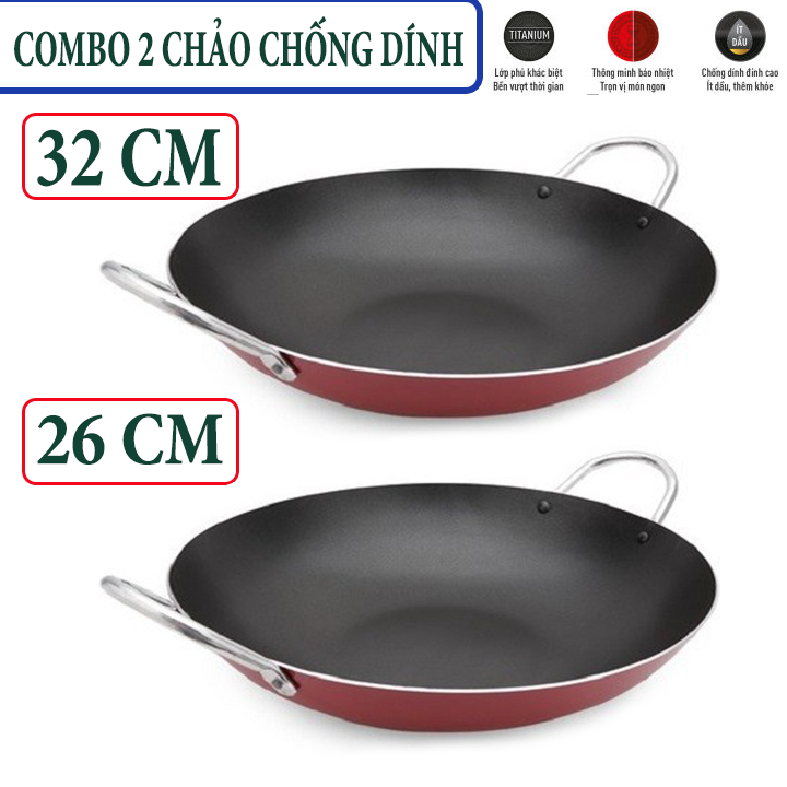 [TRỌN BỘ 2 CHẢO] Combo 2 chảo chống dính 2 quai KYOFA 32 cm và 26 cm dùng chiên xào, nấu bếp thêm tiện lợi/ Chảo Hợp Kim Nhôm Chất Lượng Cao, Chống Dính và Khả Năng Chịu Nhiệt Cao