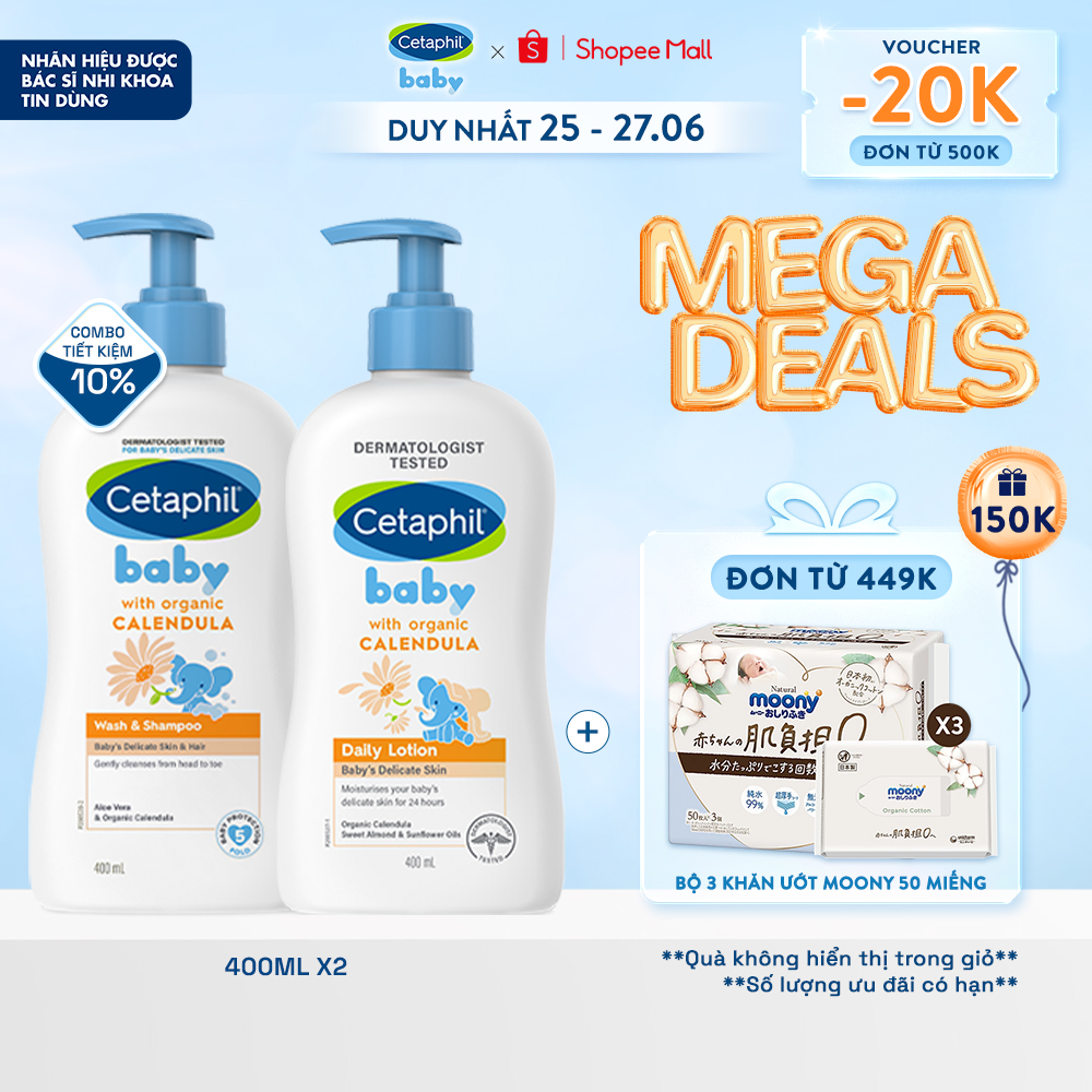 [25-29.6 VOUCHER GIẢM ĐẾN 18%] Combo Sữa tắm gội Cetaphil Baby W&S with Organic Calendula 400ml + Sữa dưỡng thể Cetaphil Baby with Organic Calendula 400ml