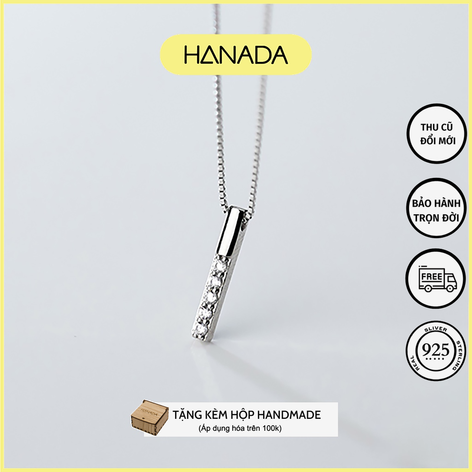 Dây Chuyền Bạc 925 Hanada Vòng Cổ Thanh Dọc Đính Đá 1007