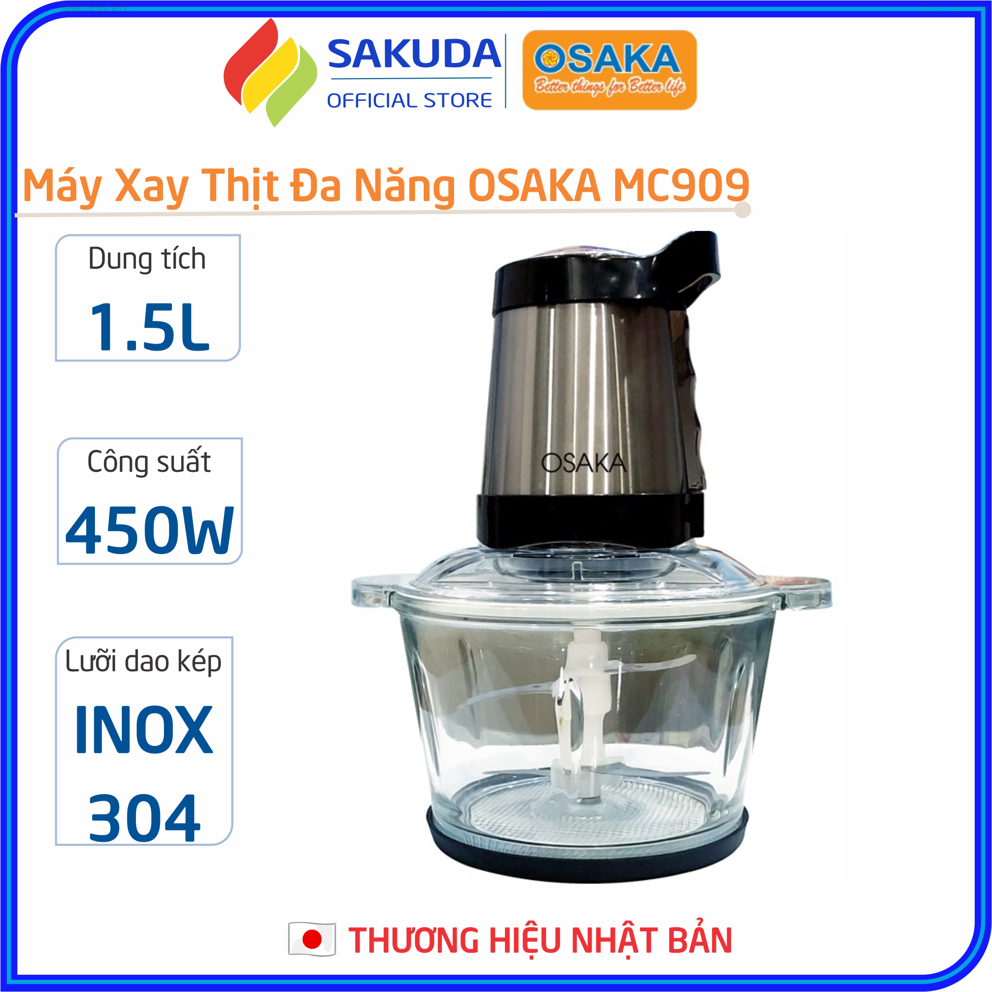 Máy xay thịt đa năng 350w osaka nhật bản mc909 – xay nhuyễn mọi thứ - lưỡi dao bằng inox 304 chống gỉ, chống cùn - cối xay bằng thuỷ tinh trong suốt, chịu lực - hàng chính hãng