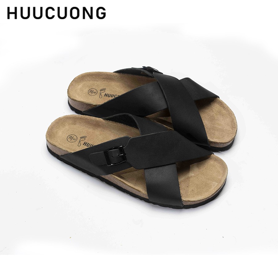 Dép nam HuuCuong quai chéo khóa da bò đen đế trấu handmade