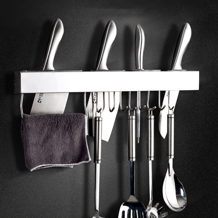 Kệ để dao keo, treo thớt muỗng nhà bếp Inox 304 dán tường gạch men - kèm 6 móc, dài 40cm