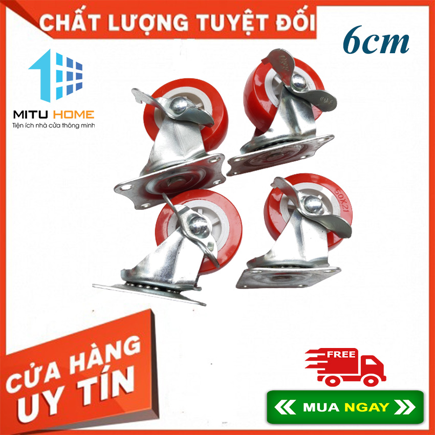 Bộ 4 bánh xe đẩy hàng 6cm màu đỏ đẩy hàng xoay 360 độ, có khóa trượt - MITUHOME - Dùng trong chế tạo cơ khí, làm xe đẩy, xe lăn, chân tủ kính, tủ hàng