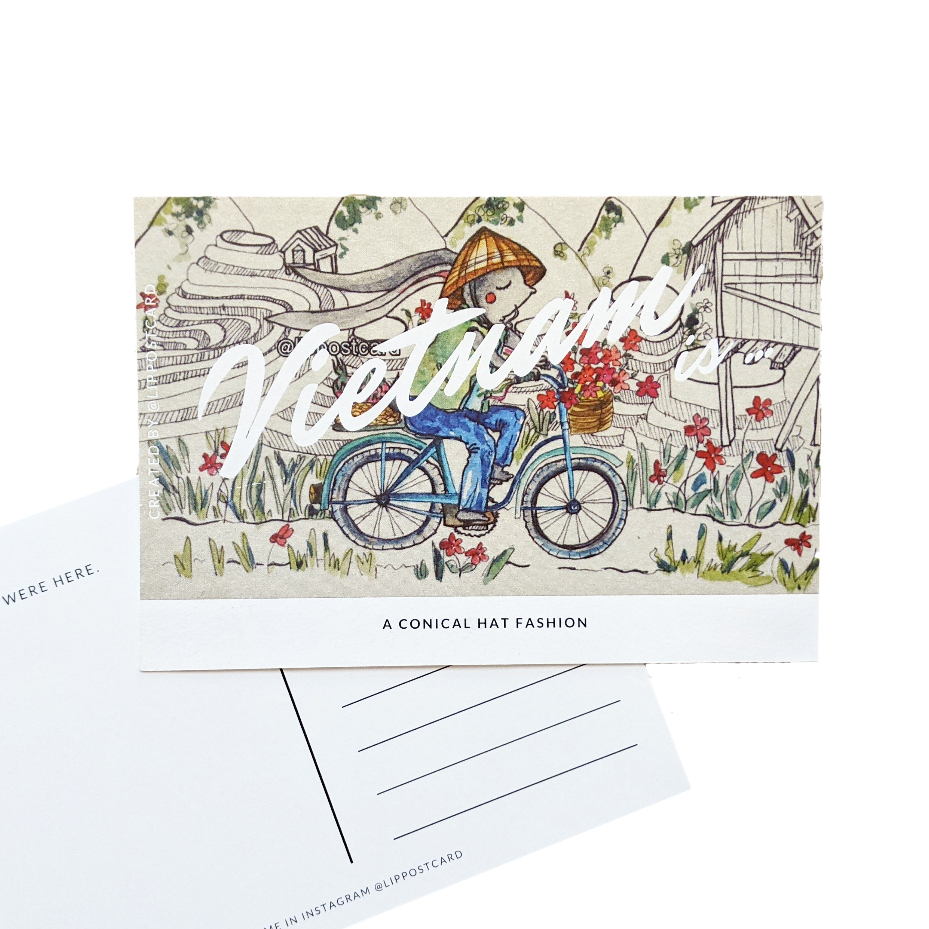 Bưu thiếp "Việt Nam" Thỏ đội nón lá, thềm lúa. Làm thủ công bưu thiếp màu nước gốc trên giấy màu nước. Minh họa màu nước. Một món quà từ Việt Nam