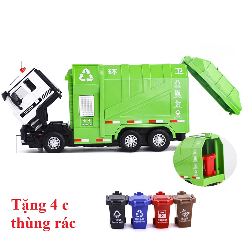 Mô hình xe ô tô chở rác, xe cứu hỏa và xe cứu thương có âm thanh, đèn và mở cửa được