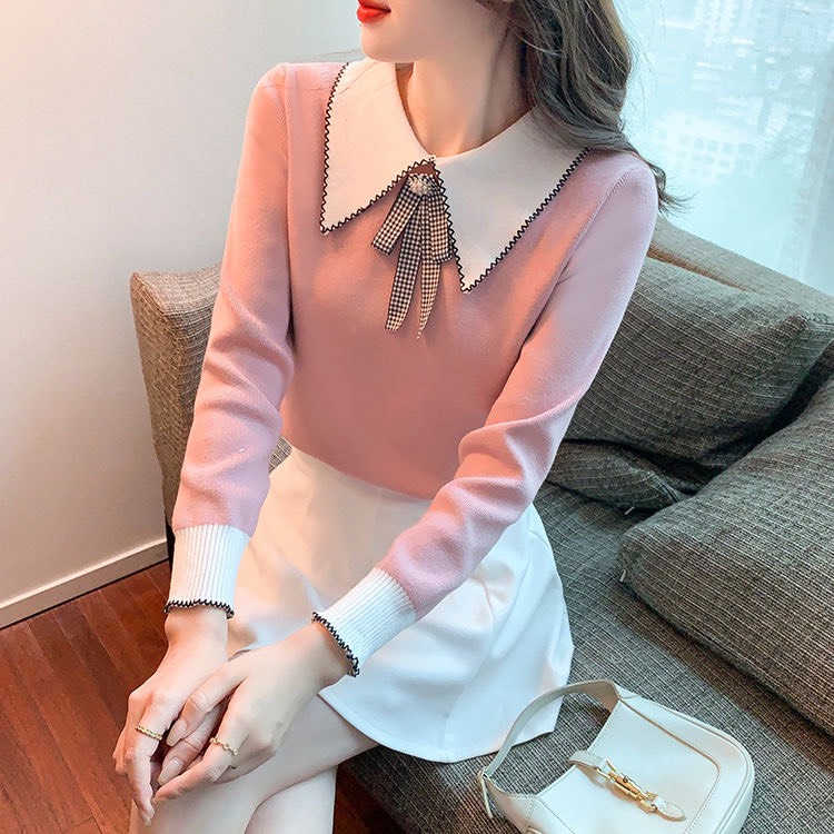 Áo len nữ đẹp, áo len cổ bẻ nơ kẻ xinh xắn, chất liệu len dày mềm mịn không xù lông, Kiểu dáng trẻ trung, dễ mix đồ