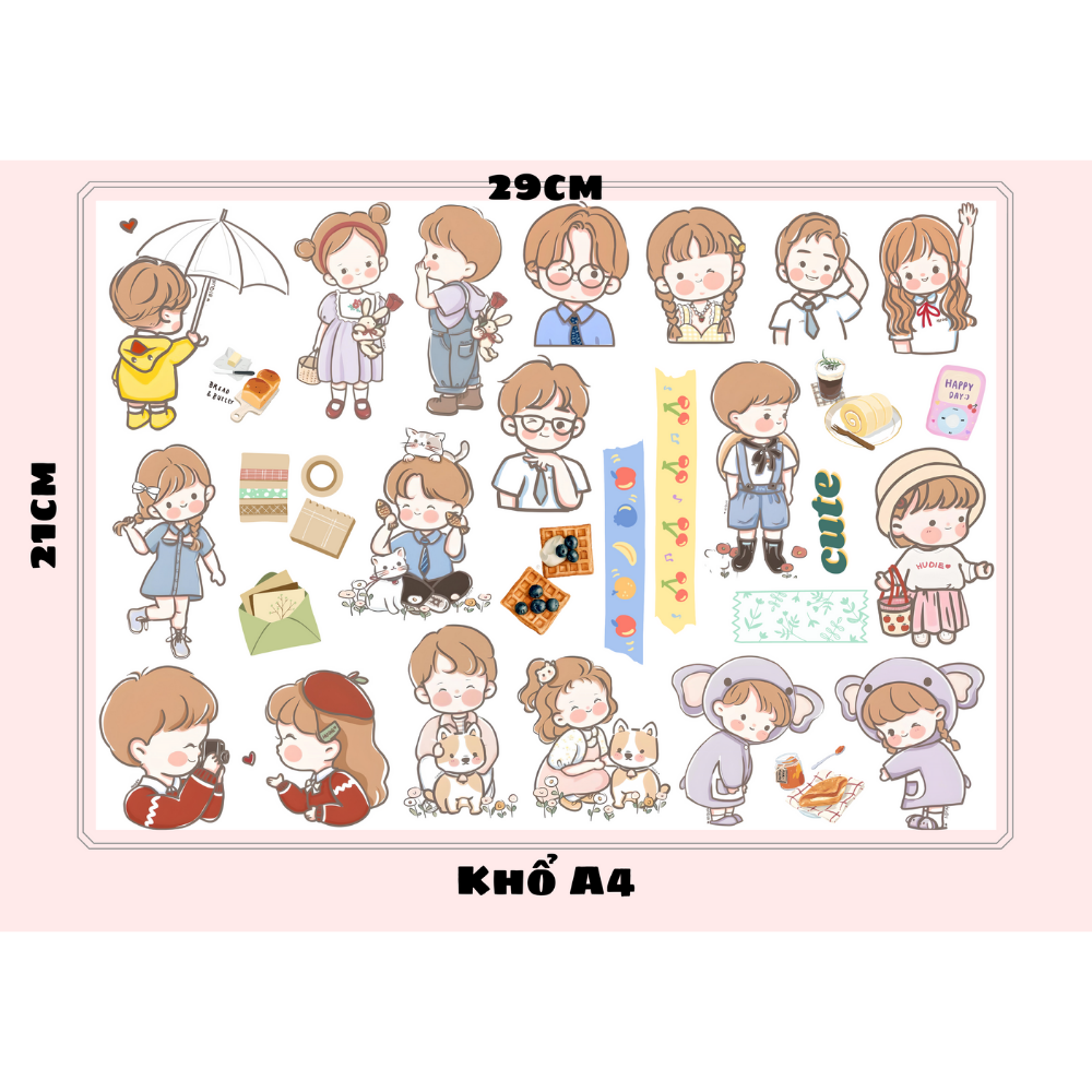 Sticker/ Nhãn dán Couple, chàng trai cô gái dễ thương chống nước trang trí sổ tay, mũ bảo hiểm, vali, bình nước