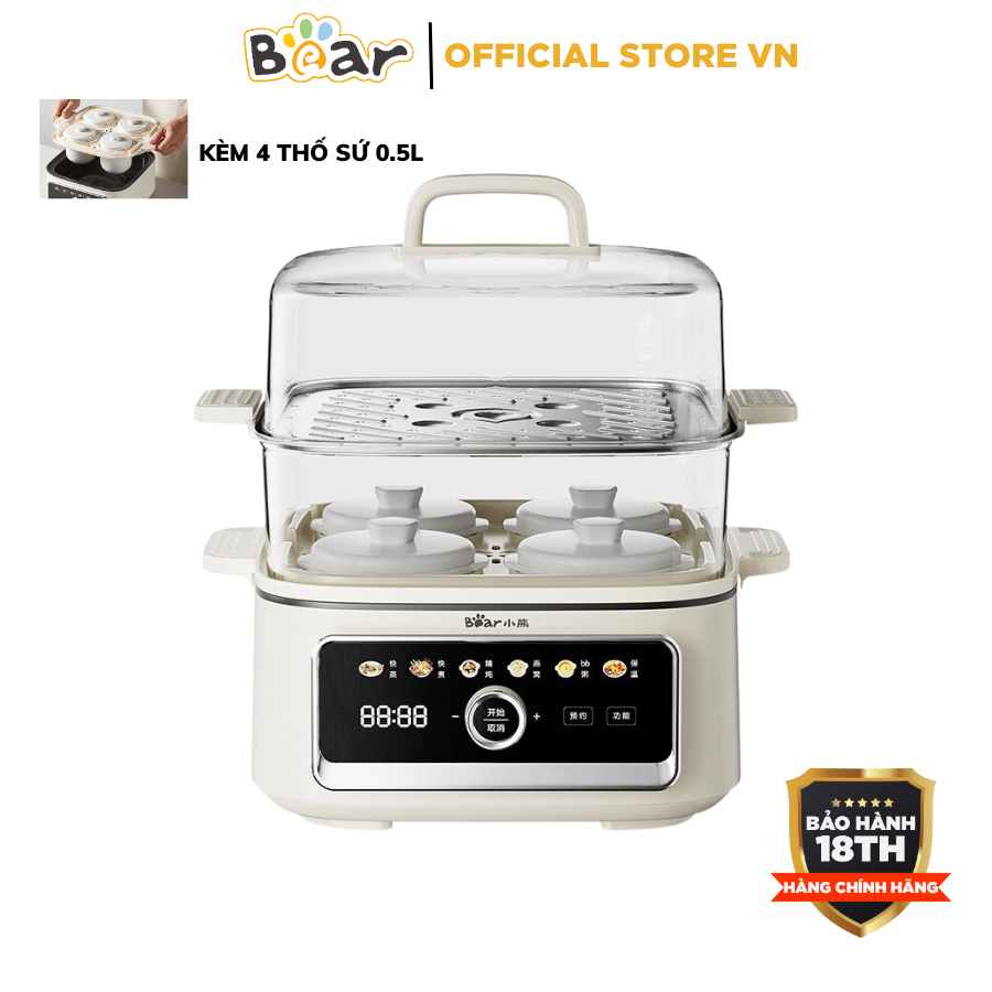 Nồi hấp điện 2 tầng 17L đa năng BEAR DZG-R45Y1, Công suất 1300W, Kèm 4 Thố Sứ Chưng Yến, Nấu Lẩu, Khay Inox304, BH 18 Tháng