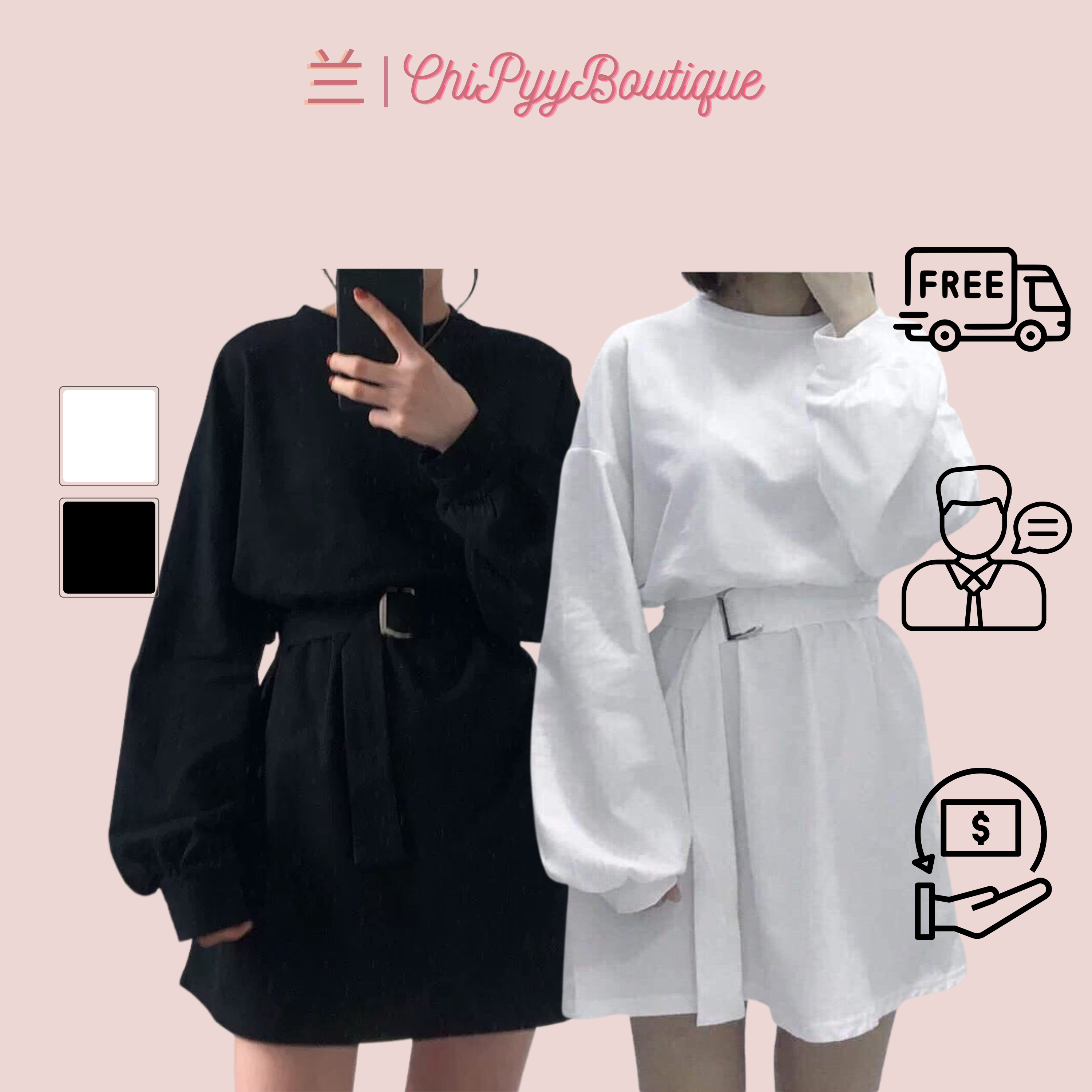 [HCM][ Video + Ảnh thật ] Sweater dài trơn tay bồng kèm belt - Mặc được 2 kiểu áo form dài bo tay hoặc váy suông thắt eo 2 màu đen - trắng freesize dưới 65kg