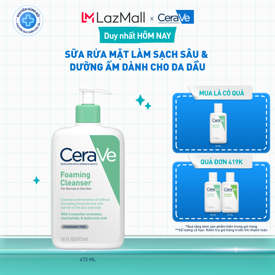 Sữa rửa mặt foaming giúp làm sạch sâu và dưỡng ẩm dịu nhẹ dành cho da dầu - CeraVe Foaming Facial Cleanser 473ML