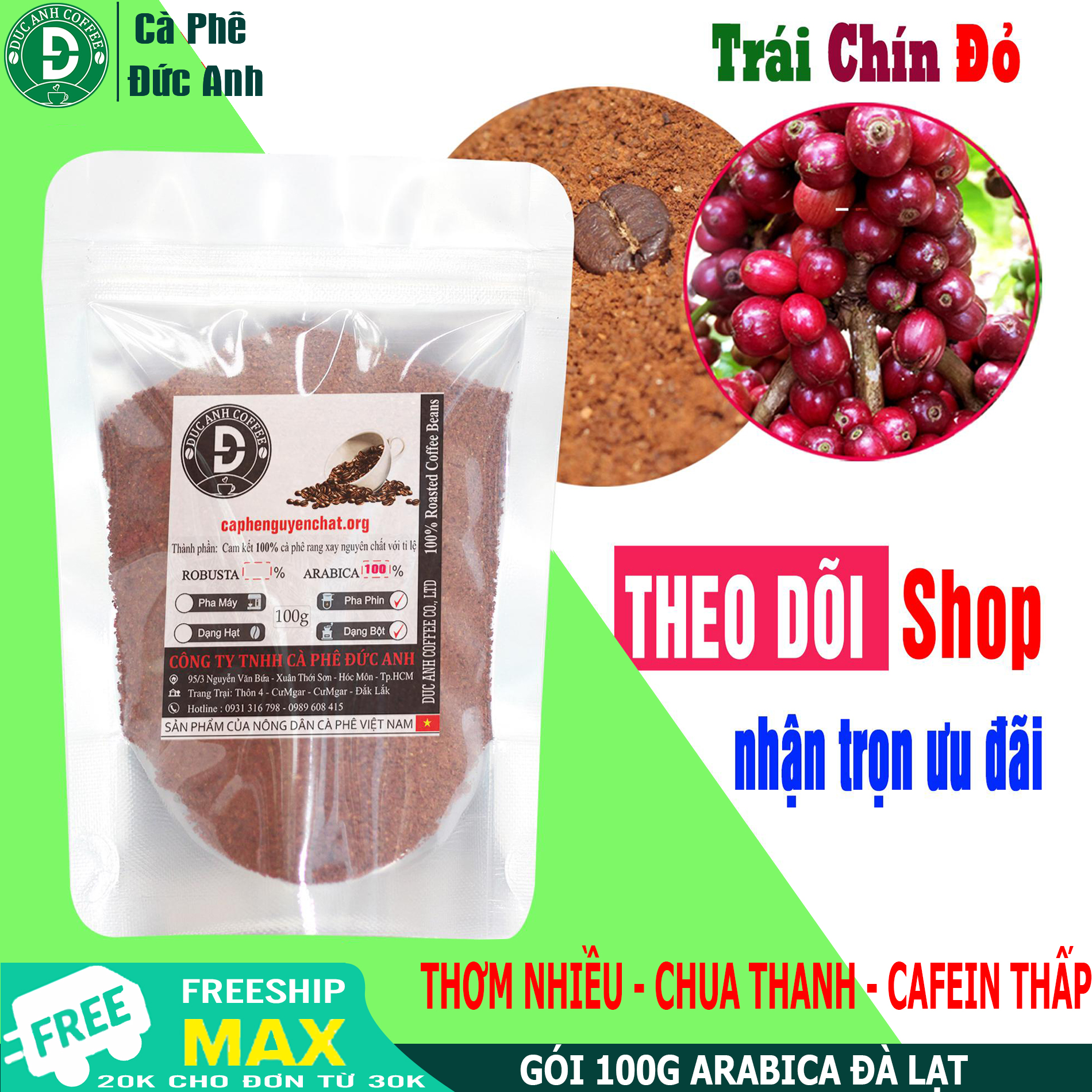 Cà Phê Rang Mộc DUC ANH COFFEE thành phần 100% ARABICA Đà Lạt - Mặc định xay sẵn dùng PHA PHIN - túi ziper 100g tiện lợi - Sản phẩm trực tiếp từ nông trại - Thương hiệu nội địa Việt - giao hàng nhanh chóng