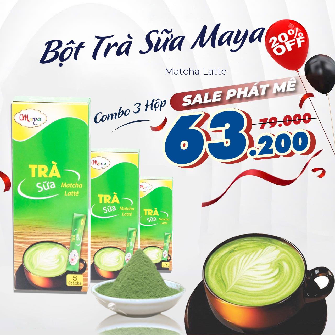 Combo 3 hộp Trà sữa Matcha Latte - 3 hộp x 5 gói x 20g