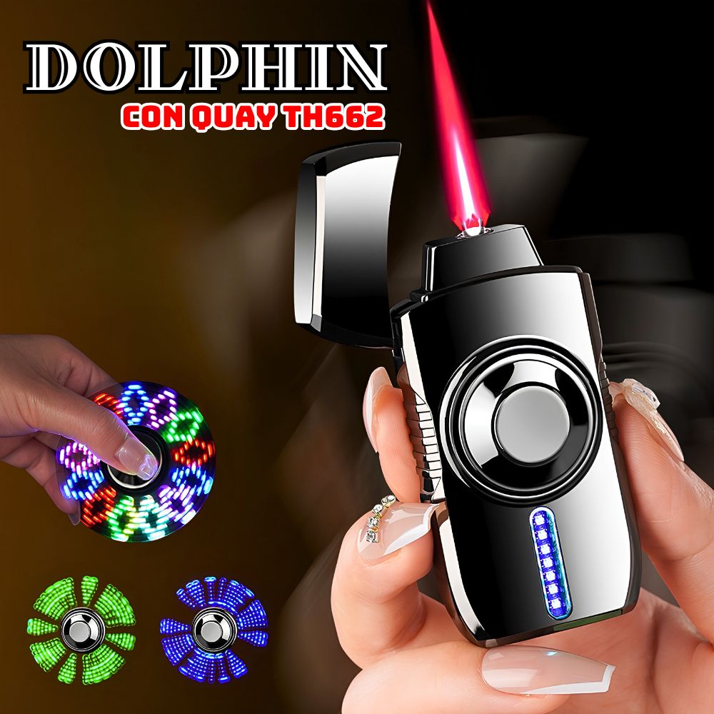 ( GIAO NHANH HCM ) Hộp quẹt Con quay Dolphin TH662 Trơn Bóng Nhiều Màu Sử Dụng 5 Chức Năng Cảm Biến Có Đèn Led Sáng Nhấp Nháy - Kim Loại Nguyên Khối - Full Box