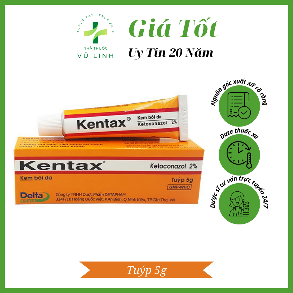 Kentax Kem bôi nấm ngứa, dị ứng da, chàm, vẩy nến, lang ben (Tuýp 5g)