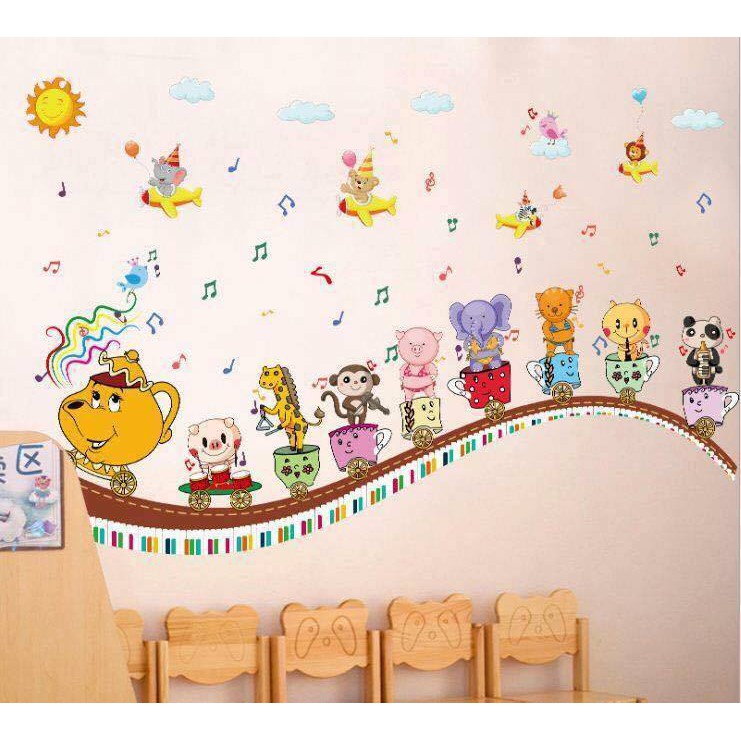 Decal dán tường Ban nhạc thú tranh dán tường 3D vườn thú chơi nhạc Decal dán tường cho bé