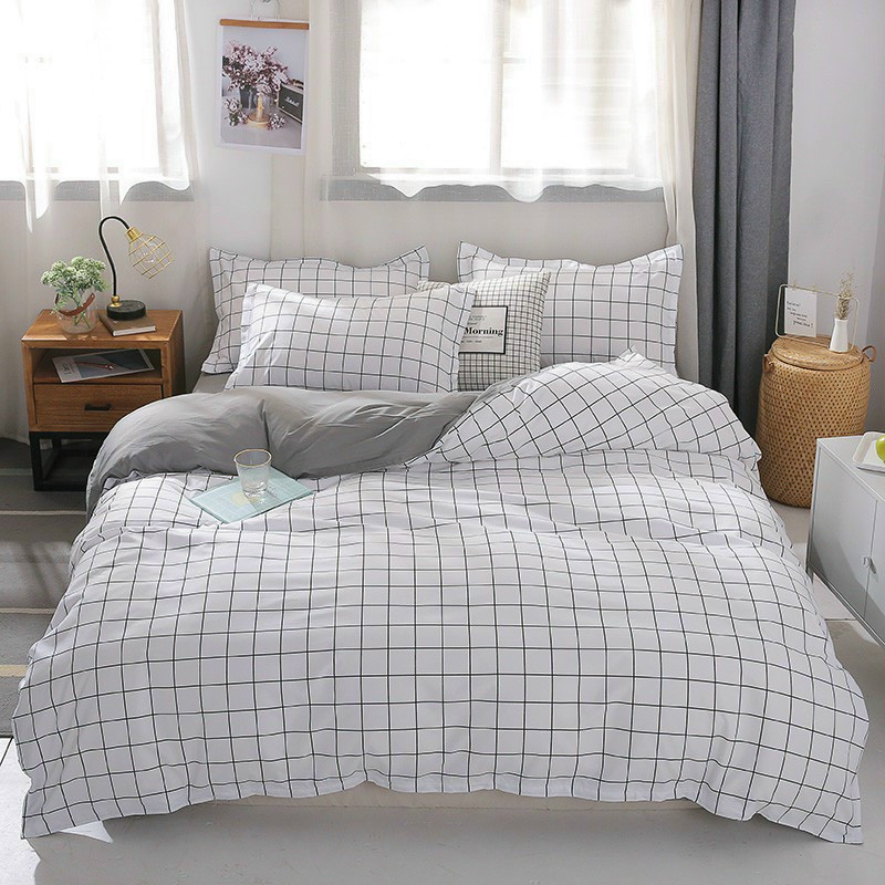 Bộ chăn ga gối caro ô trắng cotton poly chăn ga gối nhập khẩu bộ chăn ga gối 5 món, 4 món, chăn ga gối 4 mùa