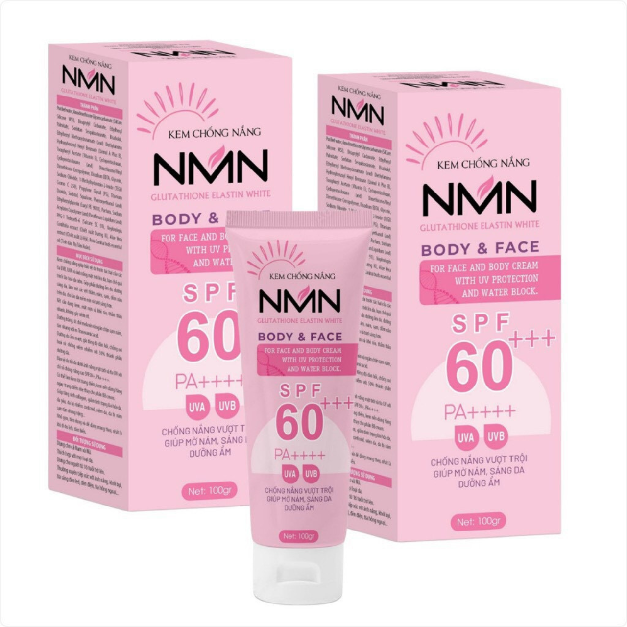 Kem chống nắng NMN SPF 60 PA+++, hỗ trợ mờ nám sáng da Body & Face 100g, dưỡng trắng, nâng tone, không gây bết dính, Giảm tác hại tia UV