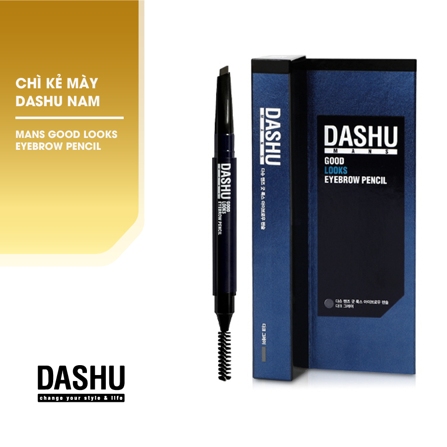Chỉ kẻ chân mày Hàn Quốc cho Nam, bút kẻ lông mày 2 đầu Dashu Mans Good Looks Eyebrow Pencil không cần chuốt màu xám đen, đầu chì 4mm nét mềm mại, tự nhiên, màu sắc rõ ràng, bền màu, 1 đầu cọ vặn dễ sử dụng giúp tạo kiểu, tán màu đều.