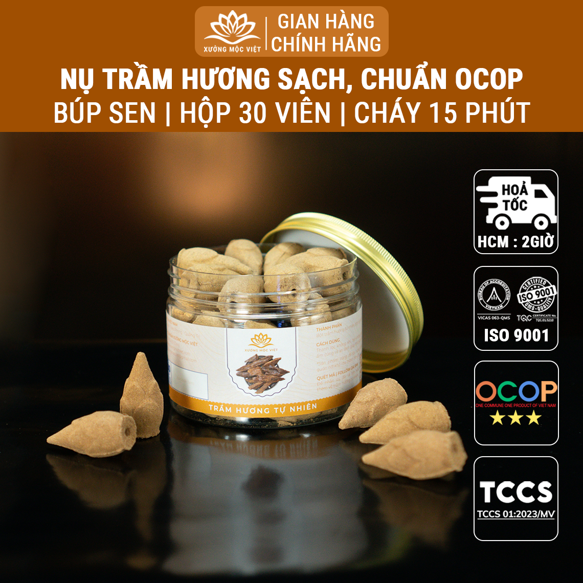 Nhang nụ trầm hương cao cấp thác khói ngược sạch nguyên chất Xưởng Mộc Việt (nụ búp sen) dùng xông nhà thơm phòng xua tà tẩy uế thanh lọc không khí giúp thư giãn mang lại may mắn bình an - Hộp 100g/Túi 500g/1kg