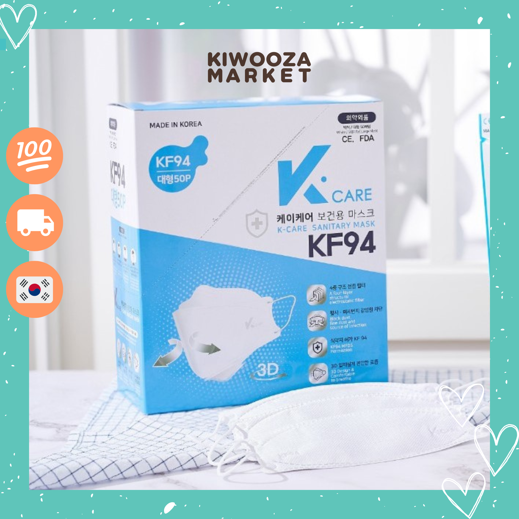 [Hộp 50 cái] Khẩu trang y tế KF94 thương hiệu KCARE 4 lớp kháng khuẩn, chống bụi mịn 94% xuất xứ Hàn Quốc