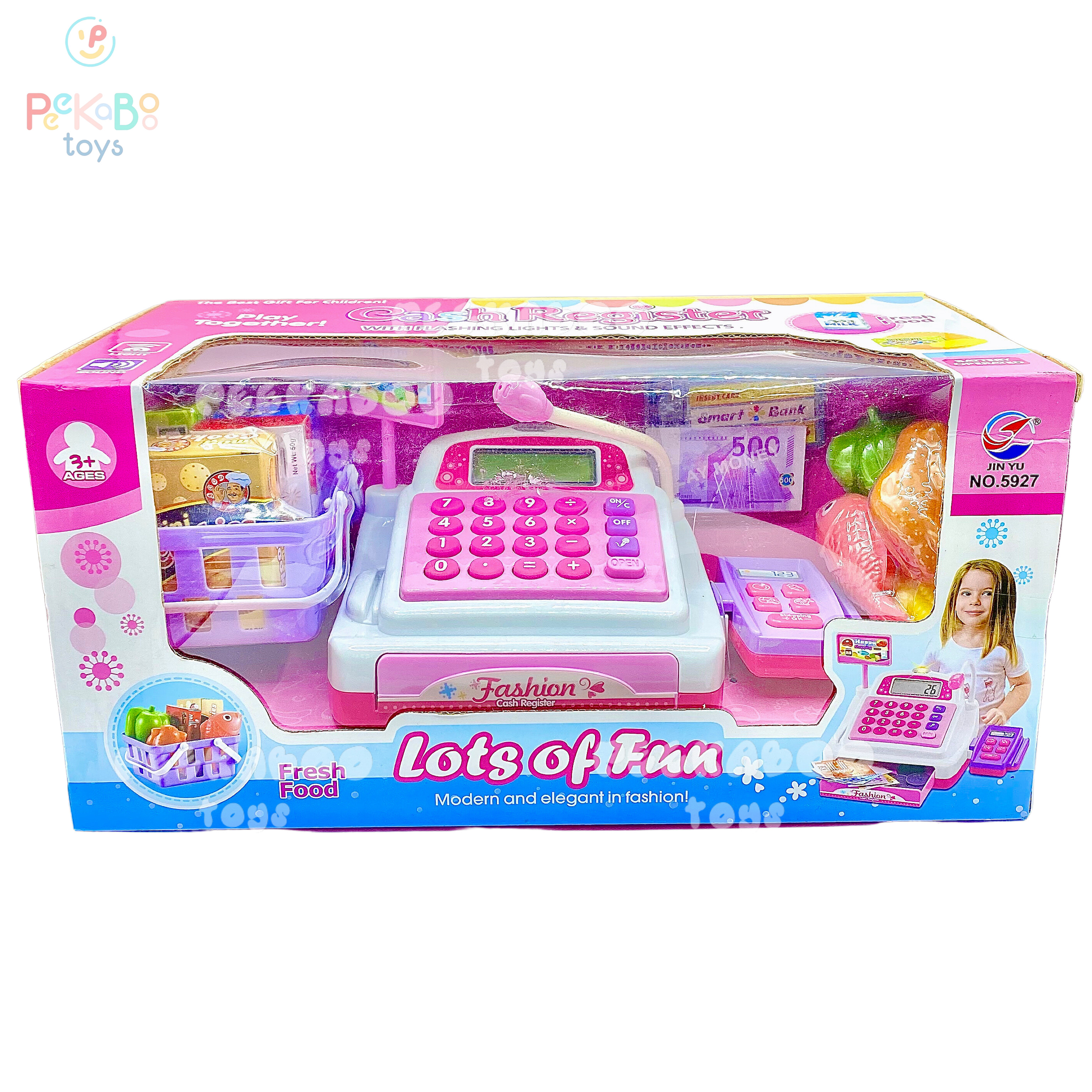 Đồ chơi siêu thị máy thu ngân có đèn và âm thanh màu hồng 36cm 5927 peekabootoys
