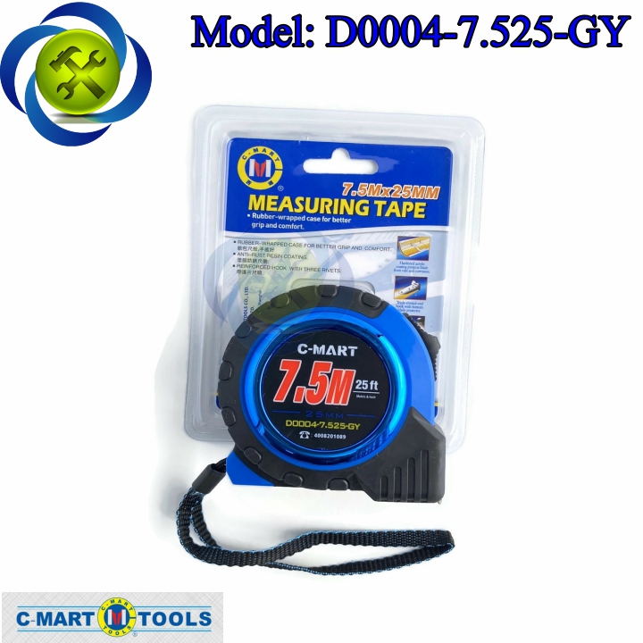 Thước cuộn 7.5m c-mart d0004-7.525-gy bọc nhựa chống va đập