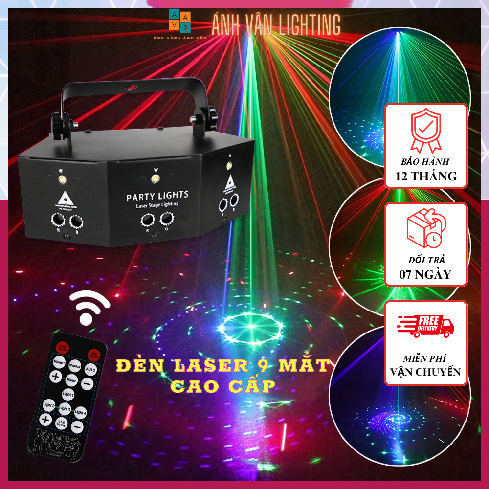 Đèn Laser 9 mắt cảm ứng theo nhạc cao cấp| Đèn Laser Vũ Trường Phòng Bay Phòng Karaoke