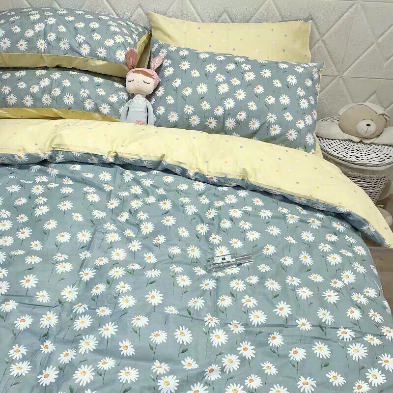 Trọn Bộ Chăn Ga Gối Cotton Hàn Quốc , Hoa Cúc Lam , Chất Liệu Bền Đẹp, Không Phai, Không Xù