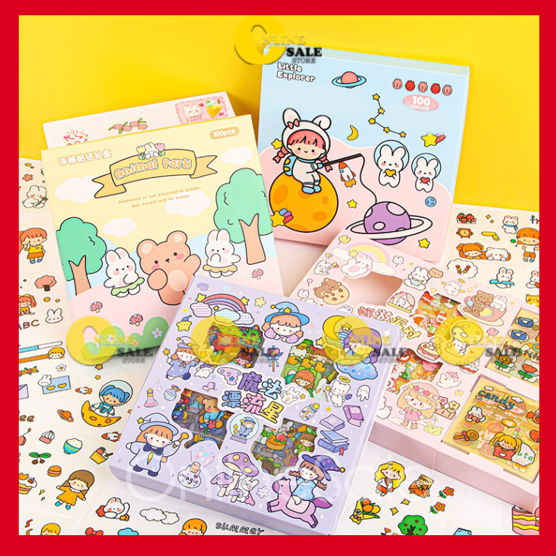 Bộ 1000 sticker dễ thương dán trang trí sổ. điện thoại. cốc , laptop .. có hộp đựng đi kèm ( 1000 Sticker nằm trong 100 tấm ô vuông)