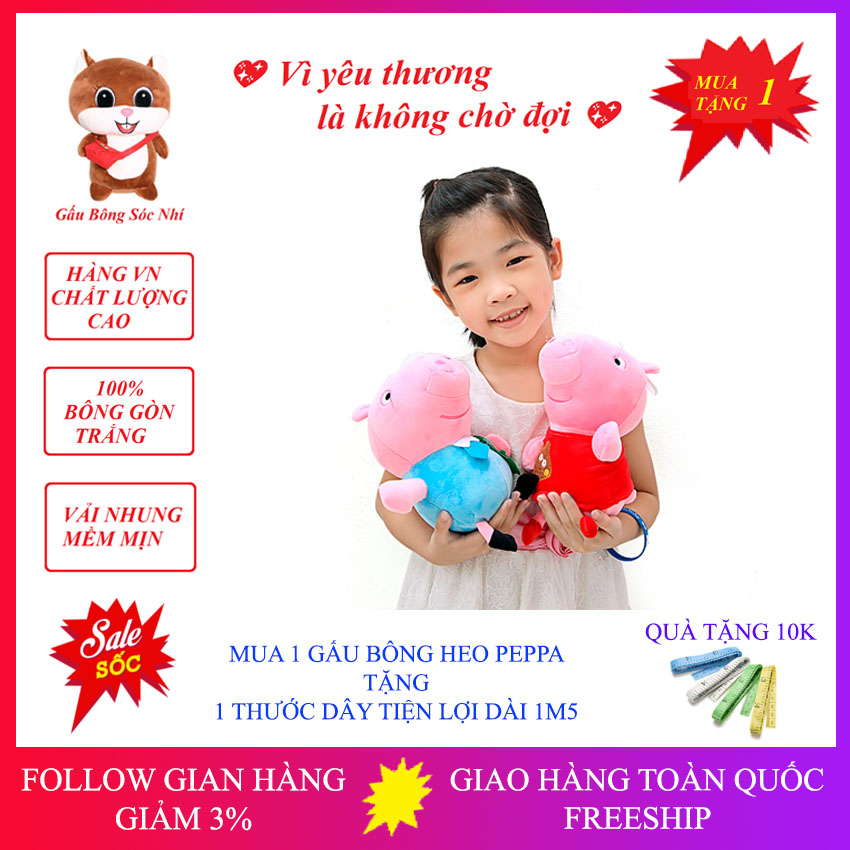 [Mua 1 Tặng 1] Gấu Bông Heo Peppa Xinh Xắn - Gấu Bông Sóc Nhí 07 - Gấu Bông Cao Cấp Vải Nhung Co Giãn 4 Chiều - Mua 1 Gấu Bông Heo Peppa Tặng 1 Thước Dây Tiện Lợi Dài 1m5